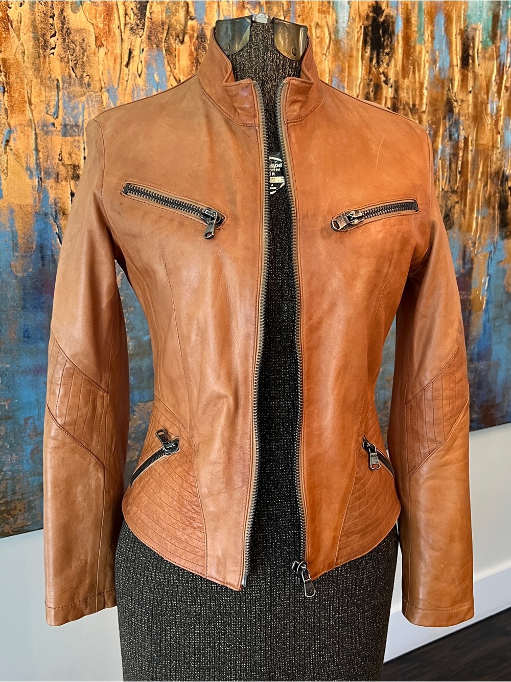 Women's Tan Leather Moto Jacket - Sleek Zip Front
